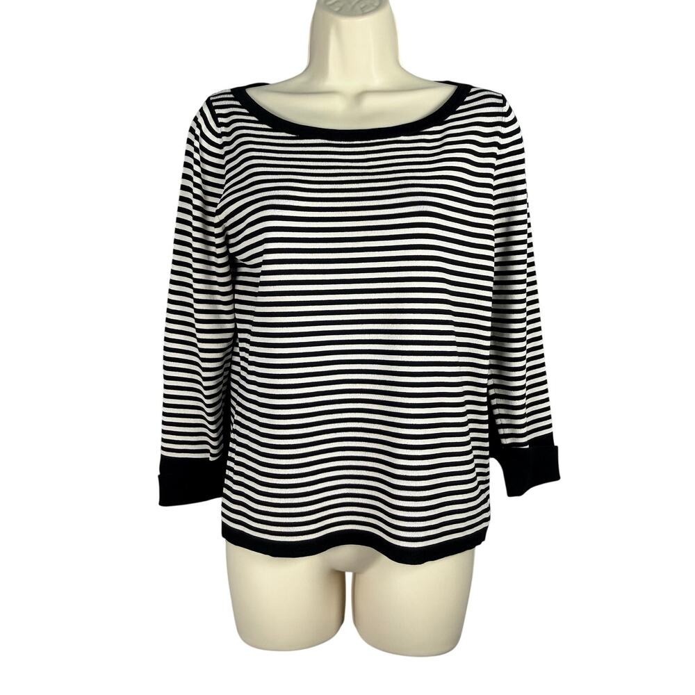 Linda Matthews Knit Top Medium Black White Striped 3/4 Sleeve Nautical Travel